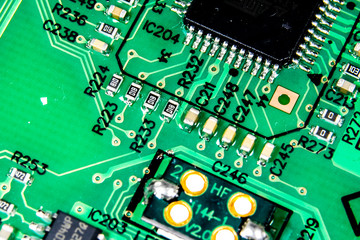 A picture of LED chip, micom and crystal oscillator on printed circuit board