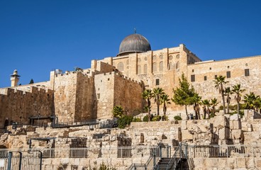 JERUSALEM, ISRAEL. October 30, 2018. The Al Aqsa Mosque, a Muslim shrine, as seen from the south, and archaeological park below the walls of the Old city of Jerusalem. The Temple Mount stock image.