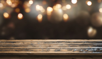 Bokeh background with old wooden table