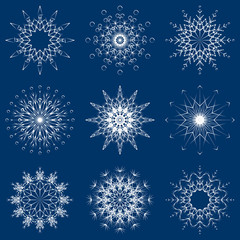 Fototapeta na wymiar Vector collection of artistic icy abstract crystal snow flakes isolated on background as winter december decoration group or collection. Ice or frost beautiful star ornament silhouette or season art