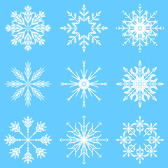 Fototapeta na wymiar Vector collection of artistic icy abstract crystal snow flakes isolated on background as winter december decoration group or collection. Ice or frost beautiful star ornament silhouette or season art