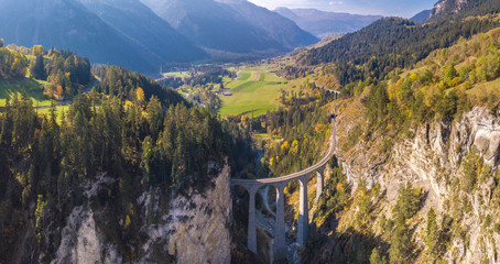 Beautiful Landwasser Viaduct in Switzerland, aerial view