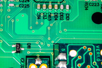 A circuit board with c-cer, chip resistors and LED chip.