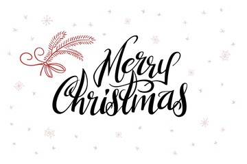 vector hand lettering greeting Merry Christmas text with doodle fir-tree branch and snowflakes