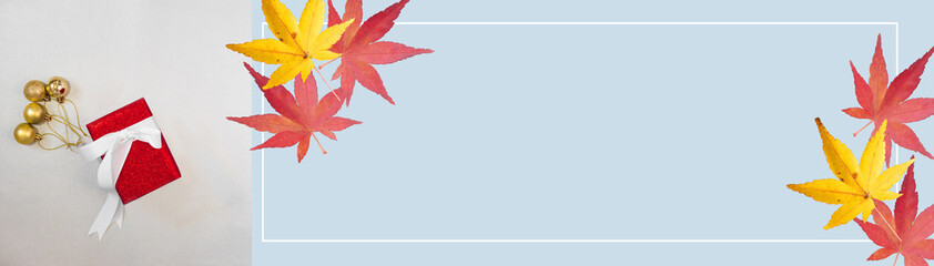 web banner design winter season and holiday event concept from flat lay and minimal decorate item with shiny for christmas and new year on silver and maple background