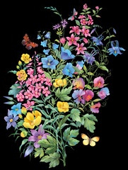 Big bouquet of different herbs and flowers with butterflies isolated on black