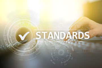 Standards, Quality Control, Assurance, ISO, Checkbox on virtual screen.