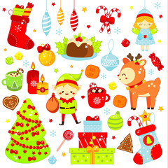 Christmas stickers, icons. Cute Santa elf, spruce, deer and other New Year holiday symbols in kawaii style. Big collection of isolated vector design elements