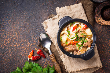 Traditional oriental uzbek soup lagman 