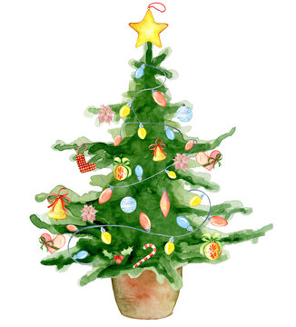 Merry Christmas watercolor tree Happy New Year card, posters.
