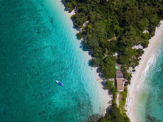 Aerial view from above of Twin Beach Mergui Island or Bruer island, seascape landscape view from the sky