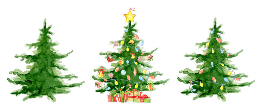 Merry Christmas watercolor trees collection Happy New Year card, posters.
