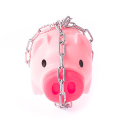 Piggy bank style money box chained together isolated on white background, concep financial stability