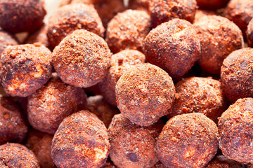 Homemade chocolate truffles with wafer crumbs and cocoa.