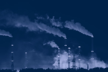 landscape night smoke pipe industry / factory landscape horizontal, concept pollution, smoke,...