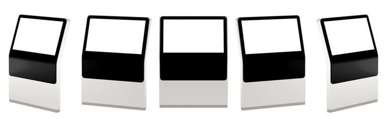 Mock up Five black Information Displays. Banner Stands in your design. 3D rendering.