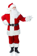 santa claus in red costume presenting something isolated on white