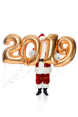 santa claus holding new year 2019 golden balloons isolated on white