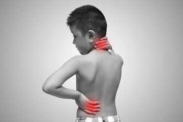 Asian kid with scoliosis, isolated on white background