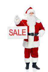 happy santa claus holding sale board isolated on white