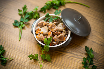 stewed chicken stomachs with vegetables and buckwheat in a bowl
