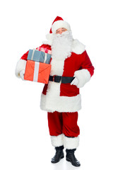 santa claus in red costume with christmas gifts isolated on white