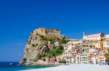 Beautiful town Scilla with medieval castle on rock, Calabria, Italy - obrazy, fototapety, plakaty