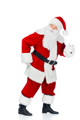 funny santa claus walking in red costume isolated on white