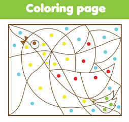 Children educational game. Coloring page with bird. Color by dots printable activity