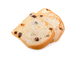 sliced bread with raisin on white background