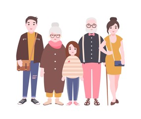 Happy family with grandfather, grandmother, father, mother and child girl standing together. Cute funny cartoon characters isolated on white background. Colorful vector illustration in flat style.