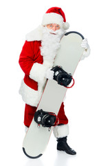 Santa claus standing with snowboard isolated on white