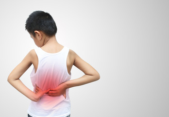 Asian kid with scoliosis, isolated on white background