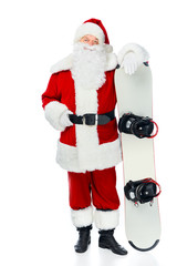Santa claus posing with snowboard isolated on white