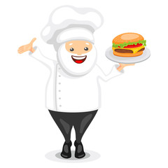 Cute chef character. Funny cook in white hat holding burger on a tray. Vector illustration in cartoon style.