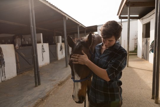 Woman stroking horse at stable