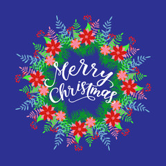 Merry Christmas calligraphy greeting card. Handwritten modern brush lettering. Hand drawn design elements. Vector illustration