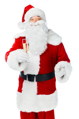 santa claus celebrating christmas with champagne glass isolated on white