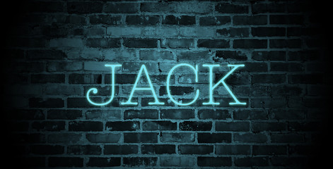 Obraz premium first name Jack in blue neon on brick wall