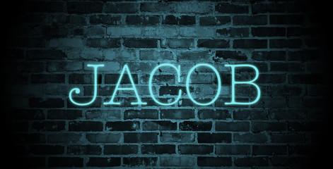 first name Jacob in blue neon on brick wall