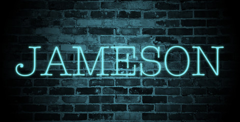 first name Jameson in blue neon on brick wall