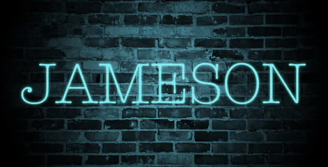Obraz premium first name Jameson in blue neon on brick wall