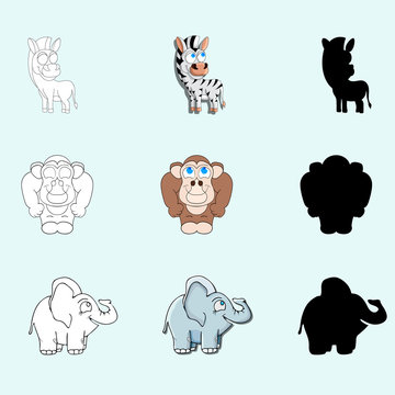 Painted characters .The gorilla, the elephant and the Zebra.For coloring, decorating and greeting cards.