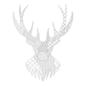 Deer head with horns.Black and white zentangle silhouette with pattern for antistress coloring.