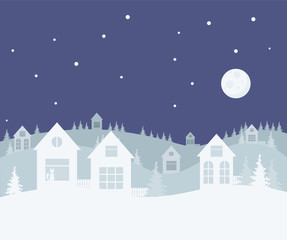 Merry Christmas and Happy New Year. A small winter city. Paper art in digital style. Vector illustration.