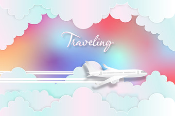 Paper art , cut and digital craft style of Airplane aerial view on pastel clouds and sky holographic background as transportation, trave and journey concept. vector illustration