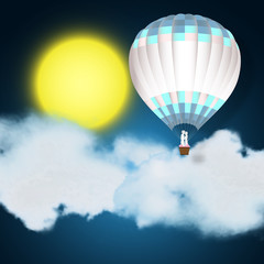 Paper art  and digital craft style of the lover in hot air balloons on night blue sky , clounds and full moon background as love , wedding and valentine day concept. vector illustration