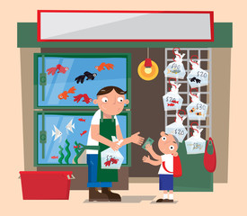 Cartoon illustration of a small aquarium fish store in Hong Kong