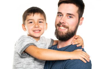 A Father and son on studio white background