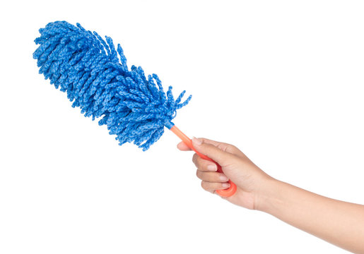 hand holding Blue duster microfiber for cleaning the house isolated on white background